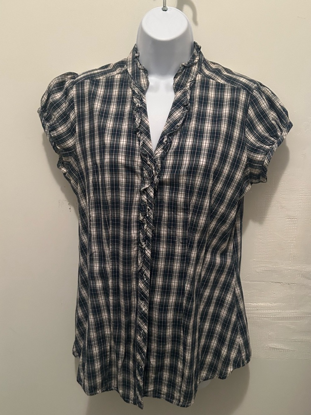 Women's Navy and White Plaid Ruffle-Front Blouse